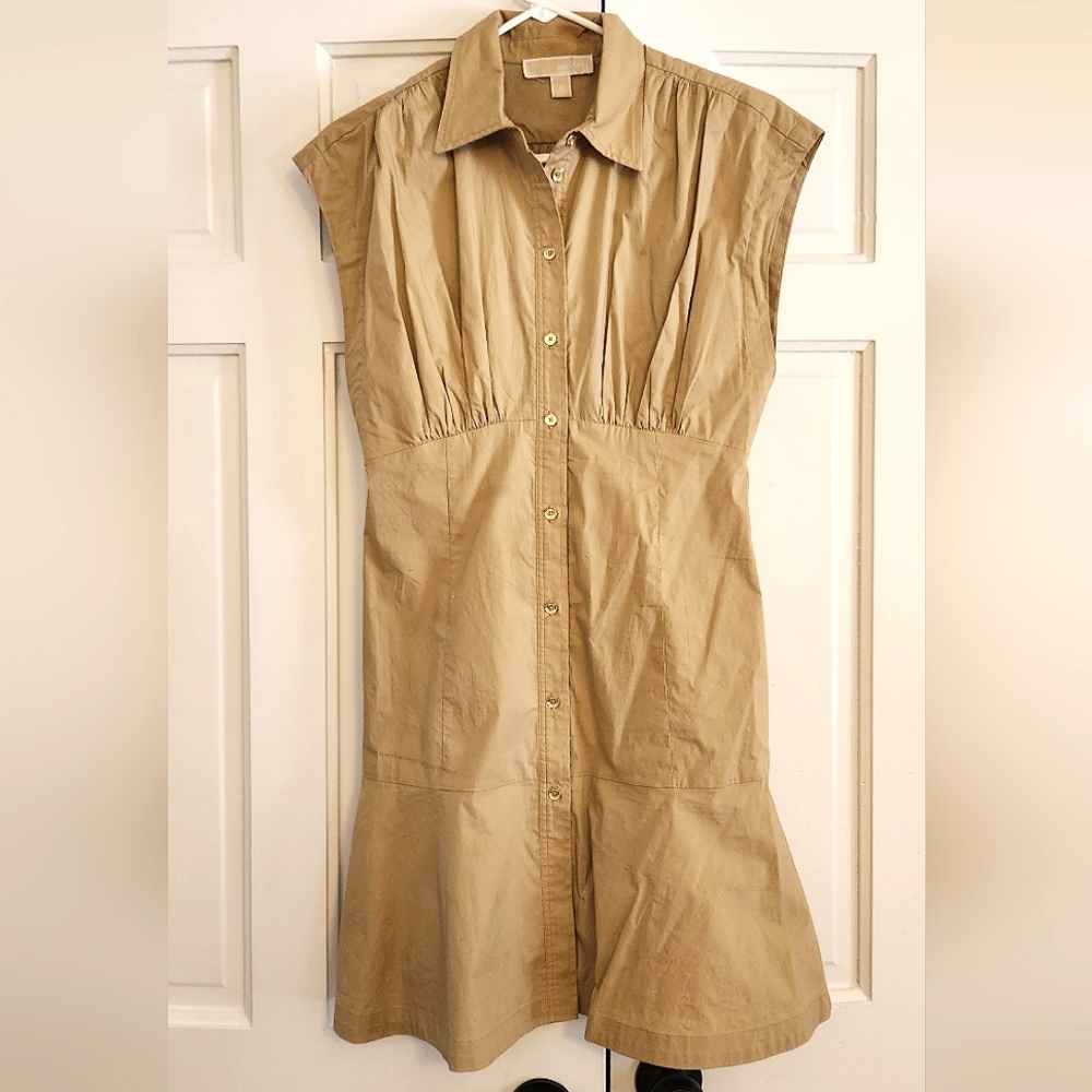 MICHAEL KORS • Tan Button Down Casual Short Sleeve Dress, Size S